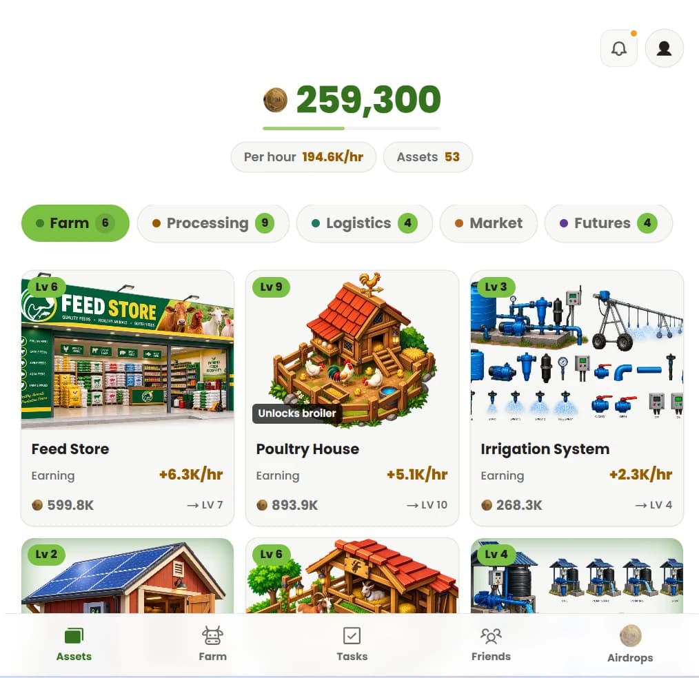 The ZIMOVERSE assets screen, showing a coin balance and asset cards with levels and hourly earnings