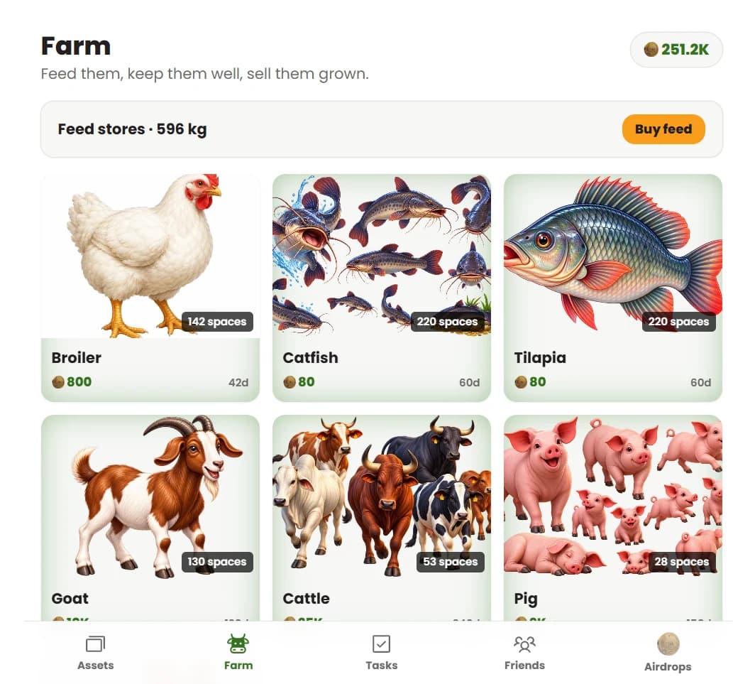 The ZIMOVERSE farm screen, showing livestock and fish species with their capacity and cycle length