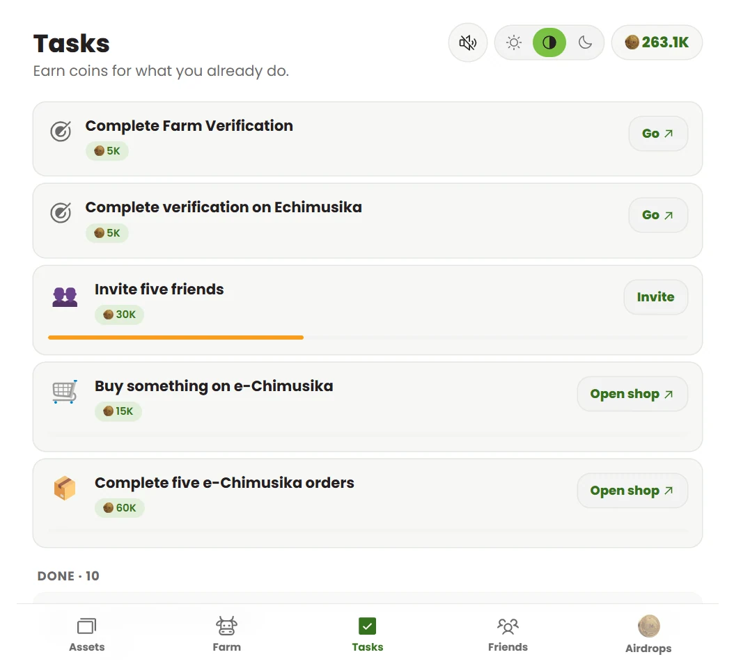 The ZIMOVERSE tasks screen, listing tasks that reward activity across the wider ecosystem