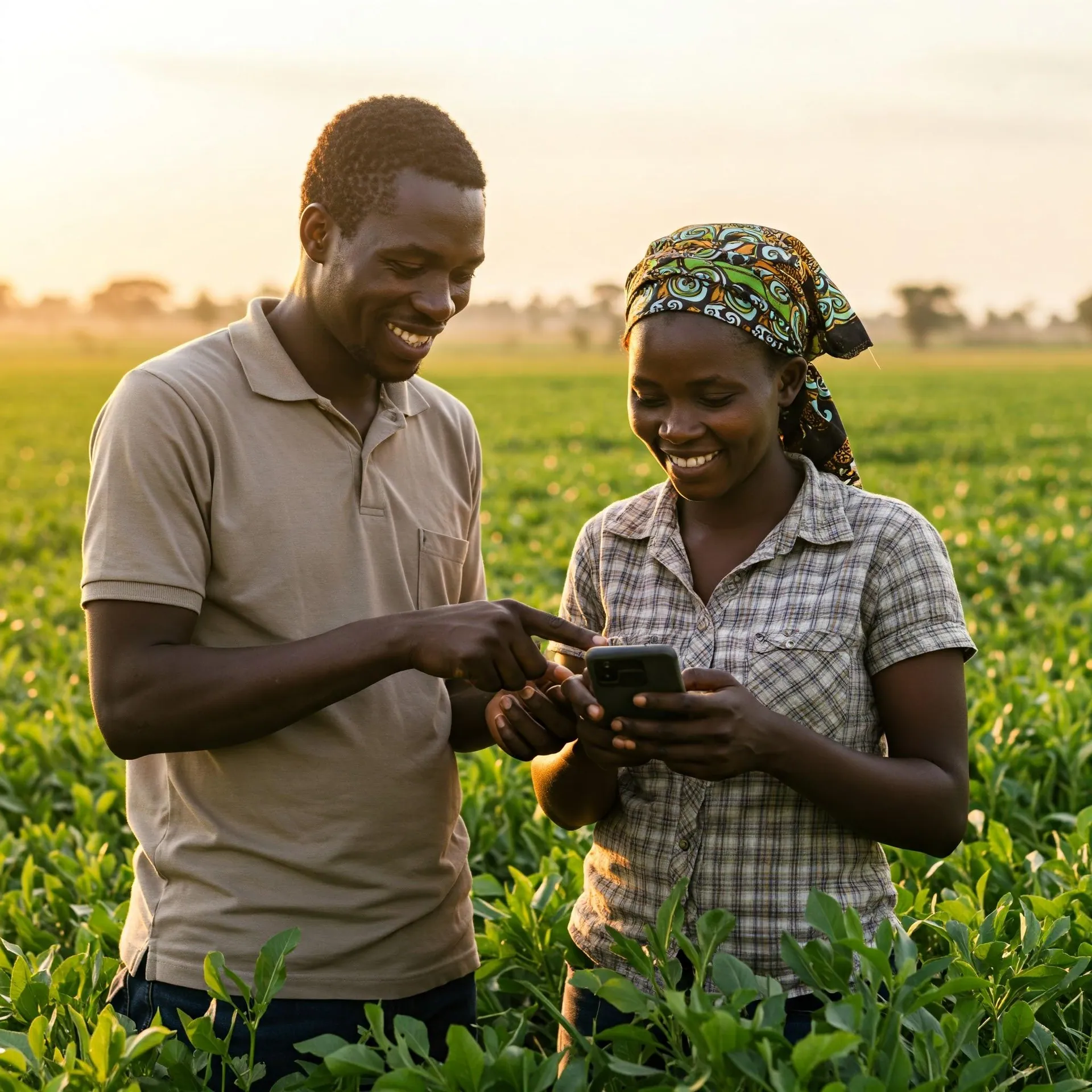 Two farmers standing in a field, looking at a phone together