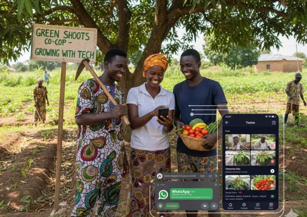 Three cooperative members looking at a phone together on a farm